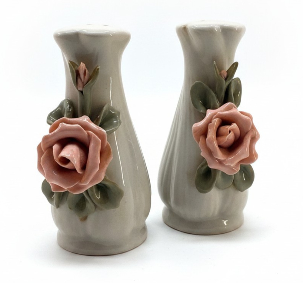 Vintage Pink Rose Salt Pepper Shakers Ceramic Floral Cottagecore Shabby Chic